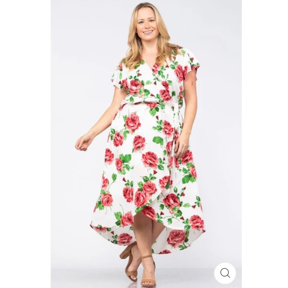 3X Ivory & Red Rose Wrap High Low Maxi Dress Plus Size